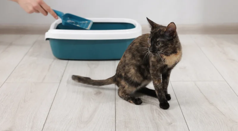 Un chat devant une litière