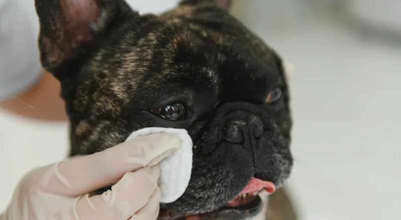 Une personne qui tient un mouchoir sous l'oeil d'un chien